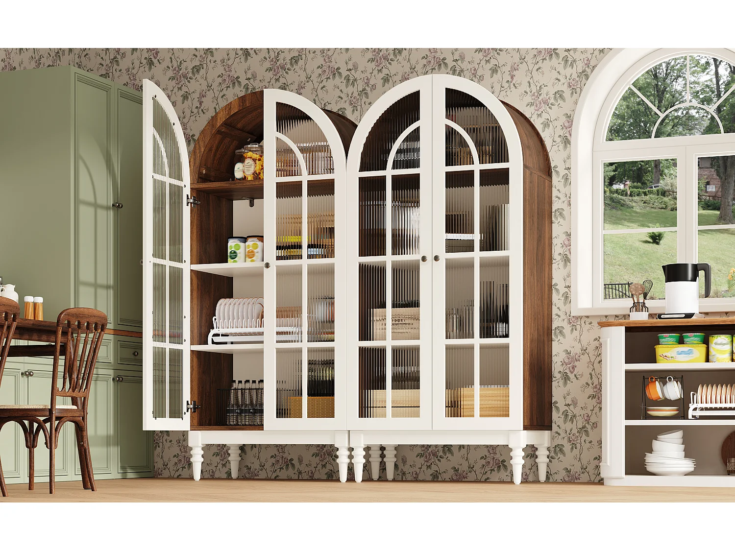 Combinazione di 2 vetrine Alta ad Arco 165cm - Mobile di Contenimento con Ante in Vetro e Gambe in Legno Massello - Design Retro Chic - Noce