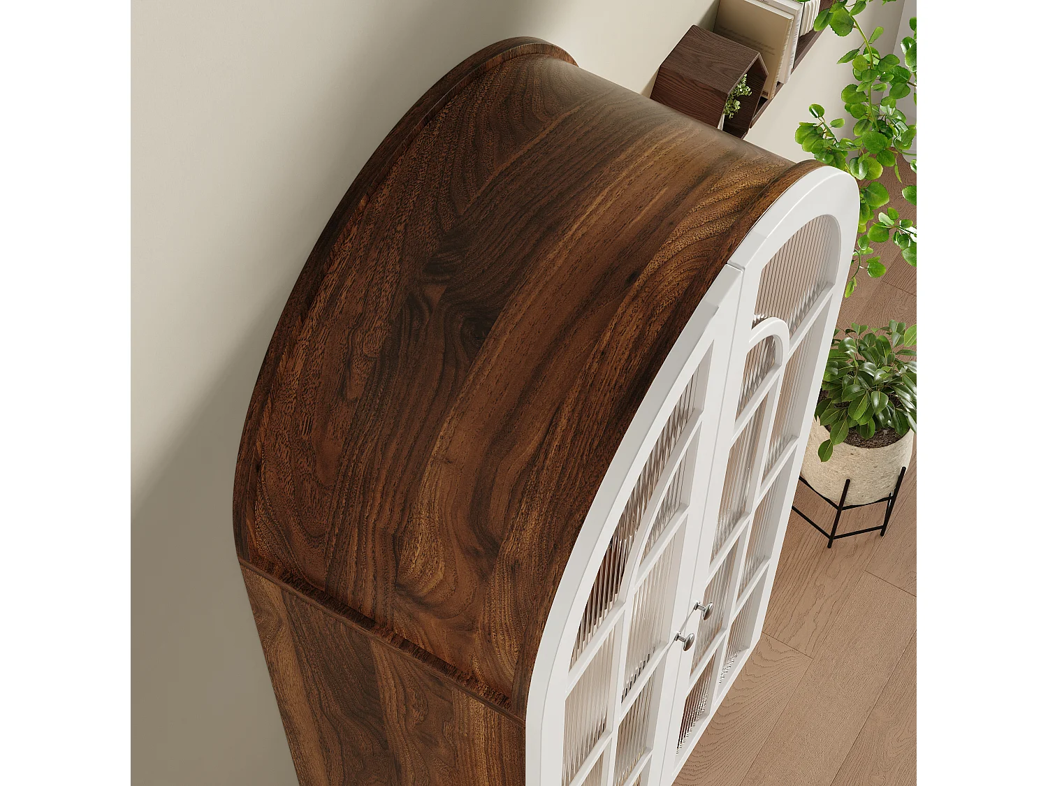 Combinazione di 2 vetrine Alta ad Arco 165cm - Mobile di Contenimento con Ante in Vetro e Gambe in Legno Massello - Design Retro Chic - Noce