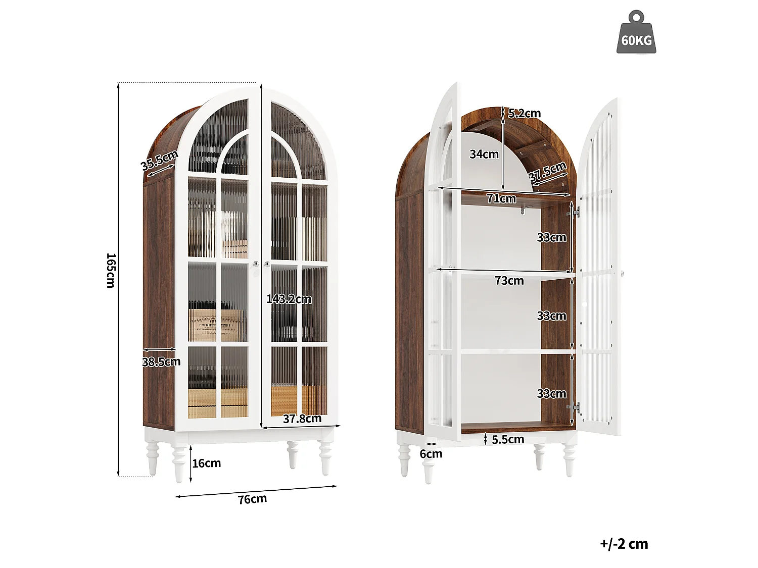 Combinazione di 2 vetrine Alta ad Arco 165cm - Mobile di Contenimento con Ante in Vetro e Gambe in Legno Massello - Design Retro Chic - Noce
