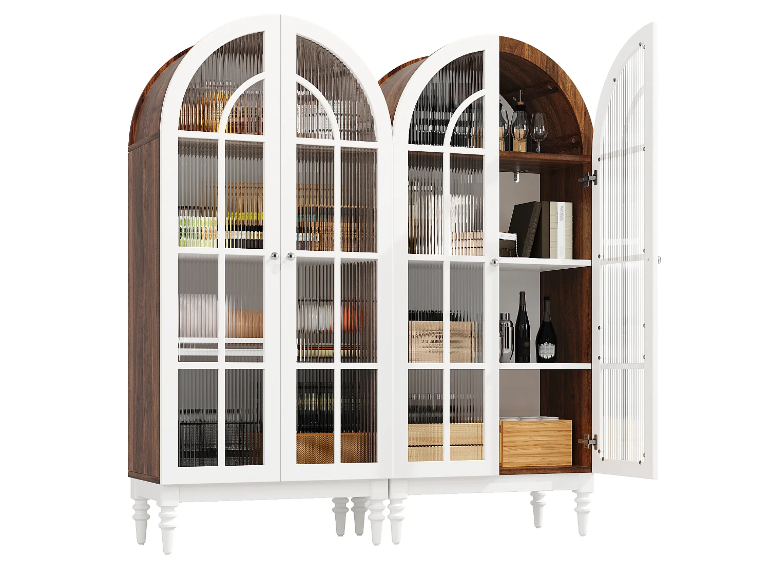 Combinazione di 2 vetrine Alta ad Arco 165cm - Mobile di Contenimento con Ante in Vetro e Gambe in Legno Massello - Design Retro Chic - Noce