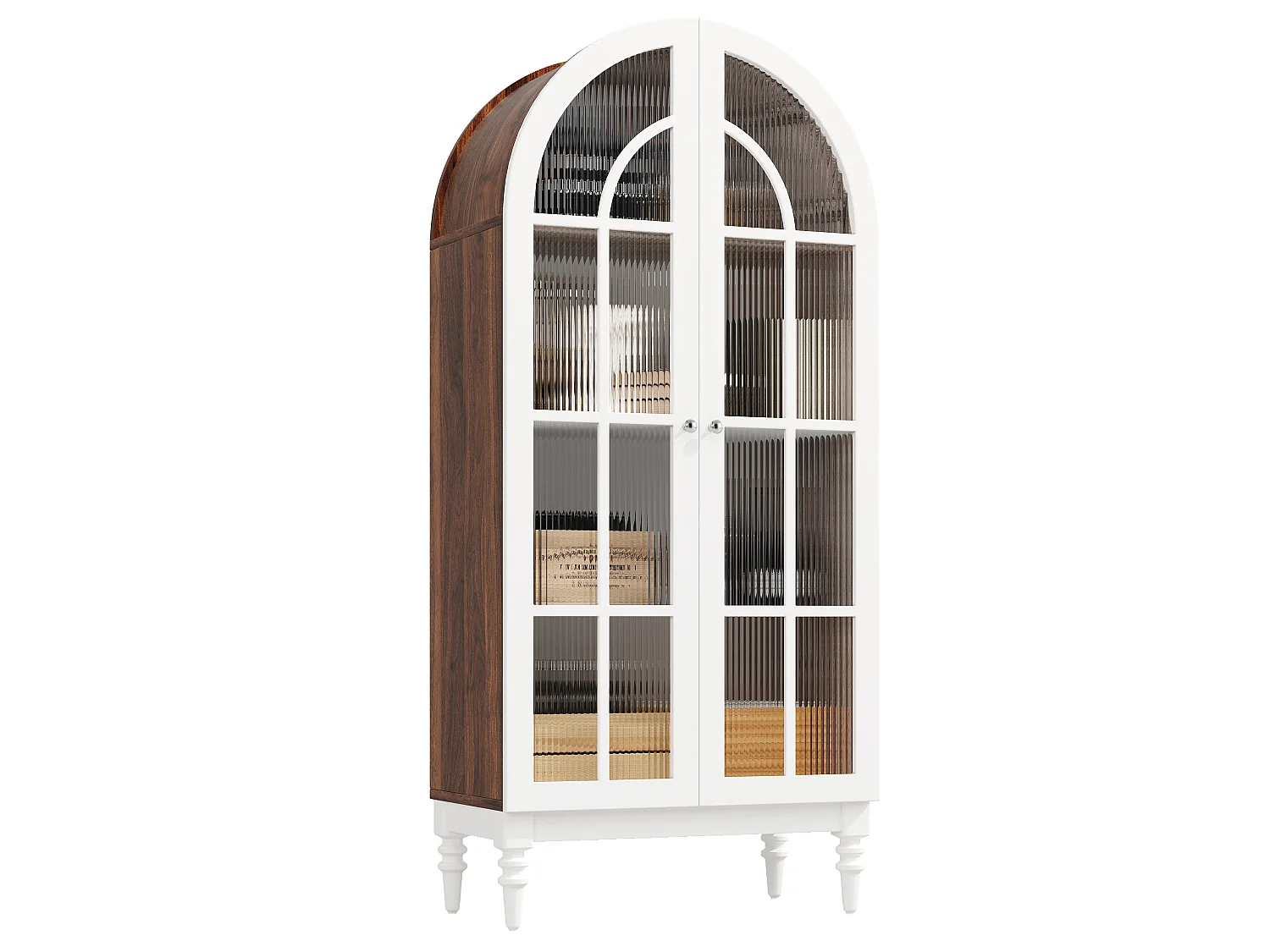 Combinazione di 2 vetrine Alta ad Arco 165cm - Mobile di Contenimento con Ante in Vetro e Gambe in Legno Massello - Design Retro Chic - Noce