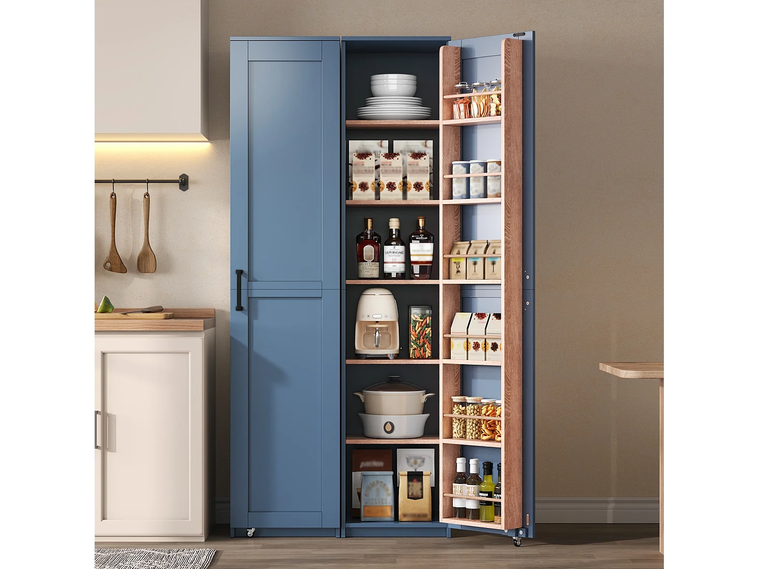 Bufé de cocina 40x40x183cm - con 1 puerta - estantes ajustables - con estante para especias - Azul