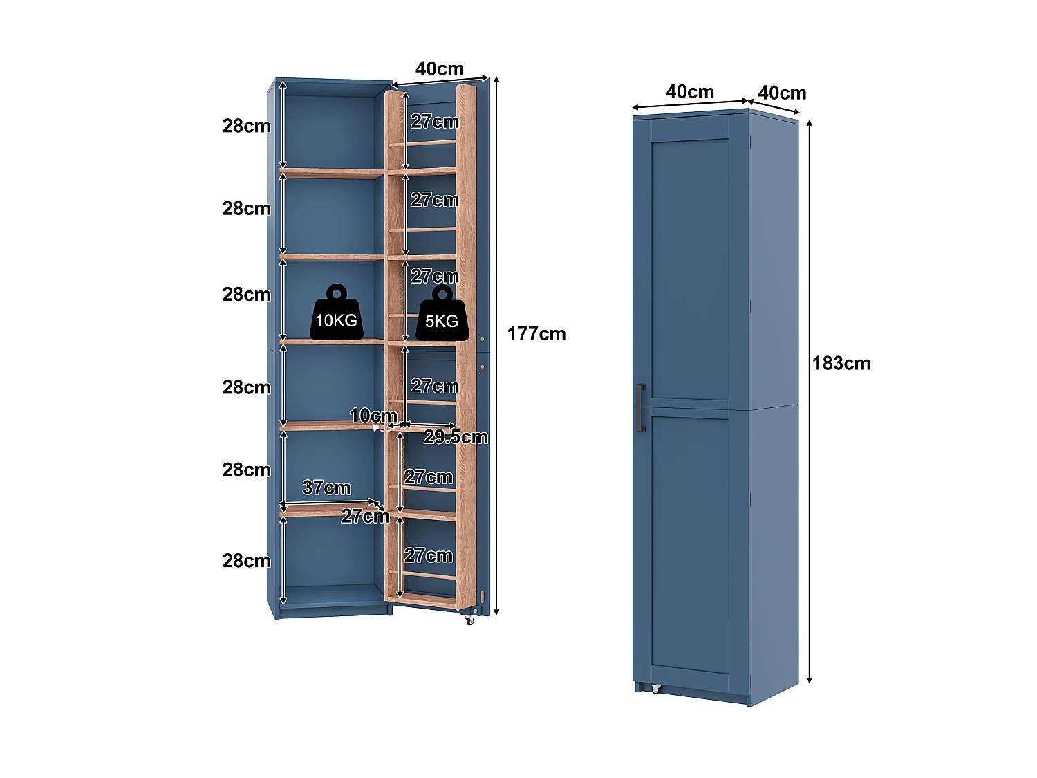 Bufé de cocina 40x40x183cm - con 1 puerta - estantes ajustables - con estante para especias - Azul