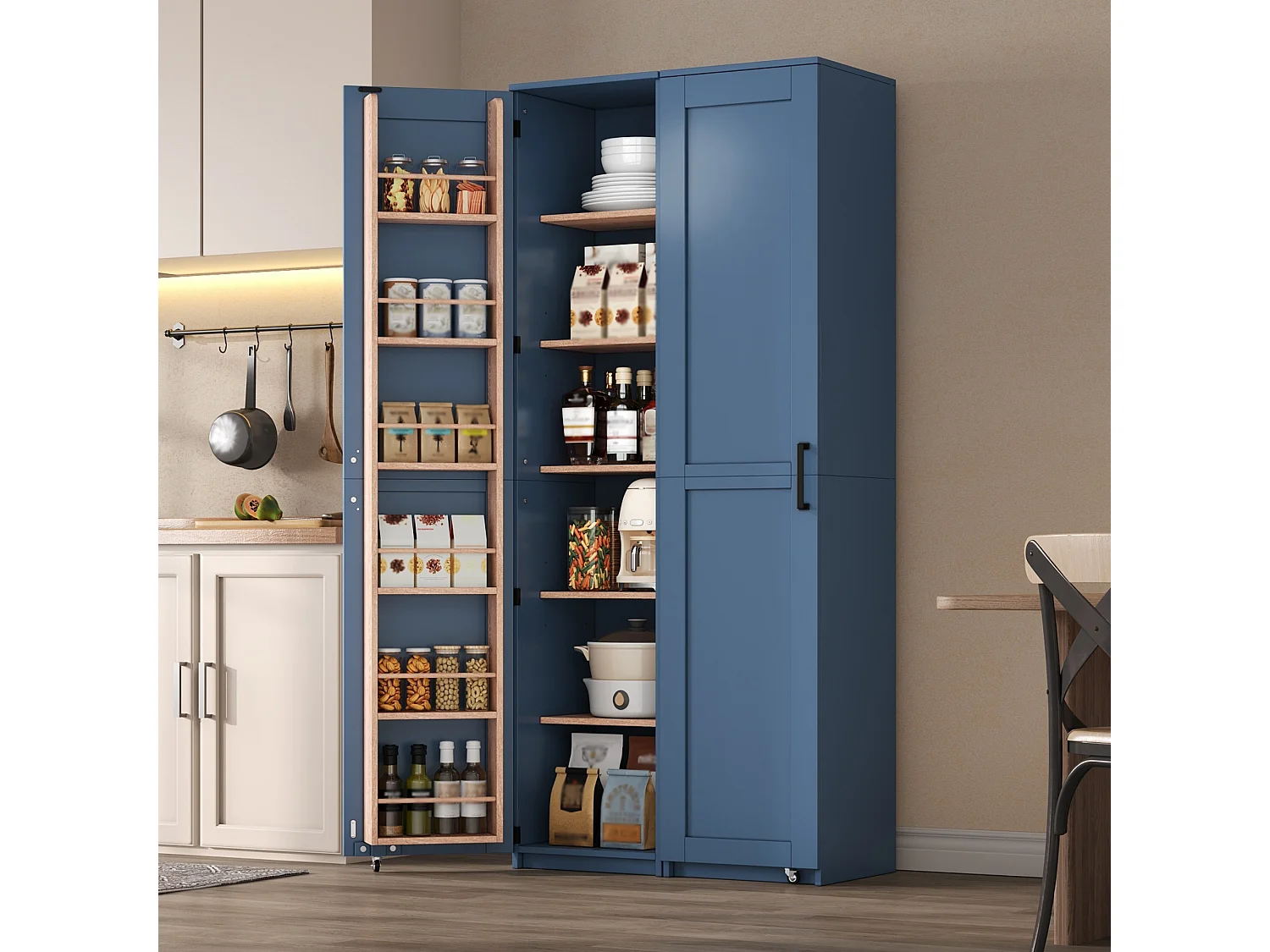 Bufé de cocina 40x40x183cm - con 1 puerta - estantes ajustables - con estante para especias - Azul