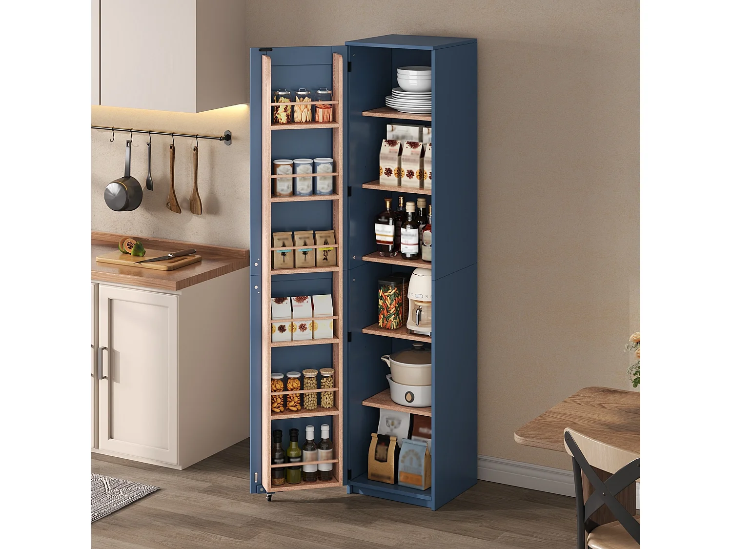 Bufé de cocina 40x40x183cm - con 1 puerta - estantes ajustables - con estante para especias - Azul