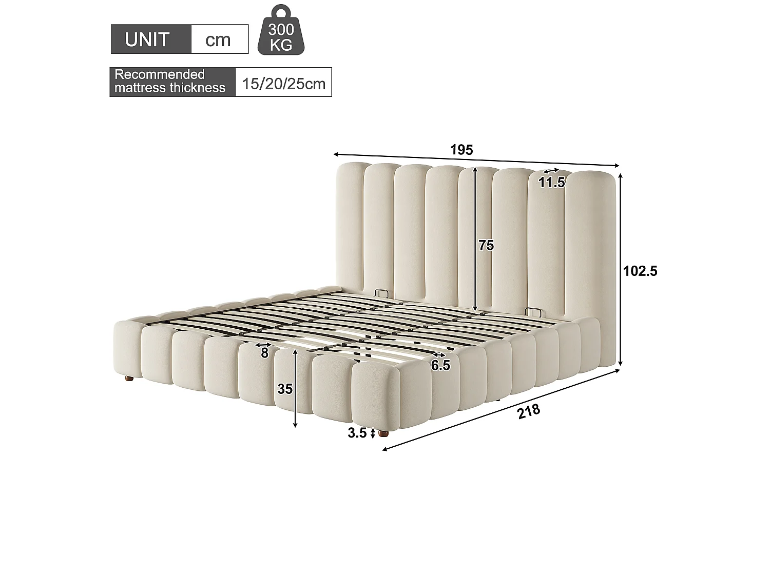 Dubbel bed met opbergbox, gestoffeerd 180x200 cm - met hoofdbord en opbergruimte - Fluweelstof - Beige (zonder matras)