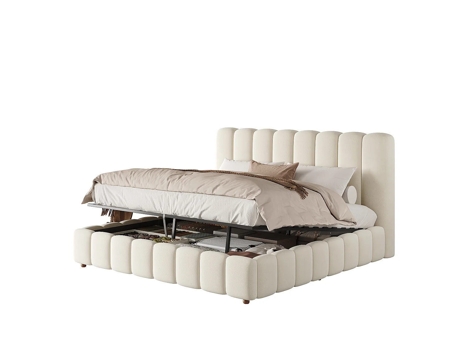 Dubbel bed met opbergbox, gestoffeerd 180x200 cm - met hoofdbord en opbergruimte - Fluweelstof - Beige (zonder matras)