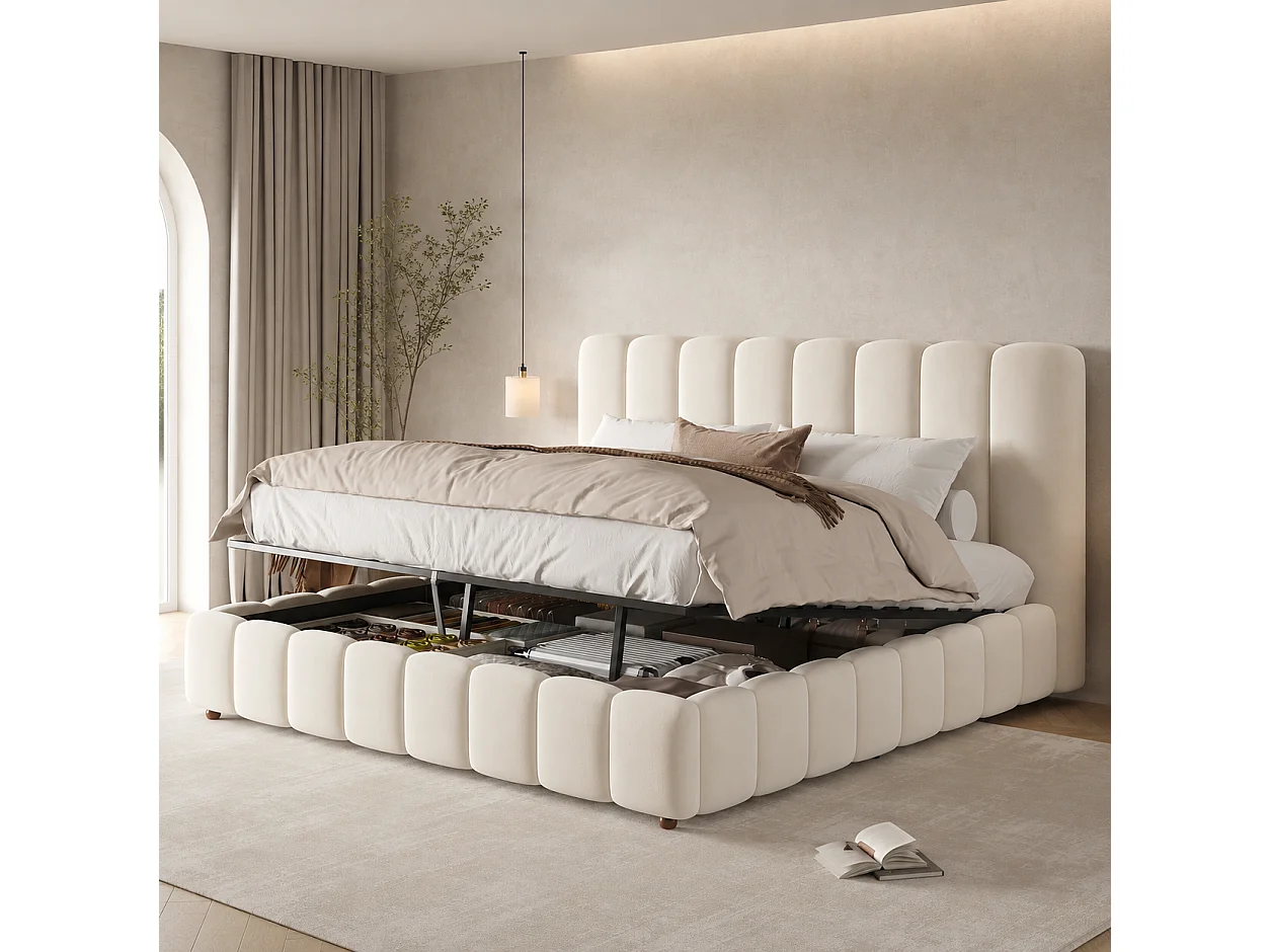 Dubbel bed met opbergbox, gestoffeerd 180x200 cm - met hoofdbord en opbergruimte - Fluweelstof - Beige (zonder matras)