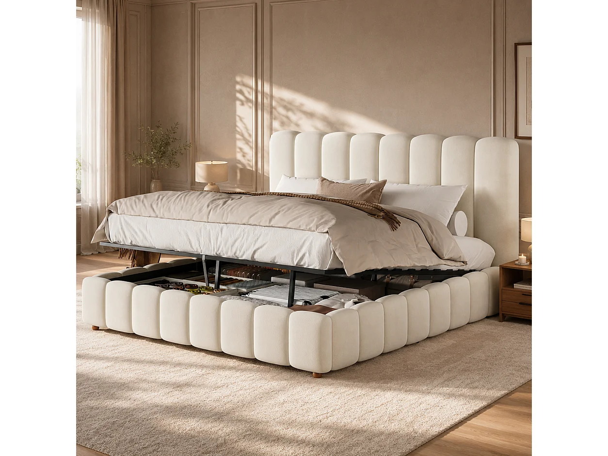 Dubbel bed met opbergbox, gestoffeerd 180x200 cm - met hoofdbord en opbergruimte - Fluweelstof - Beige (zonder matras)
