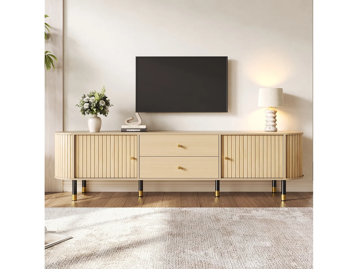 180 cm hoher TV-Ständer mit 2 Schubladen und 2 Schiebetüren – Spanplatte, MDF und Metall – 180 x 40 x 58 cm – Naturholz