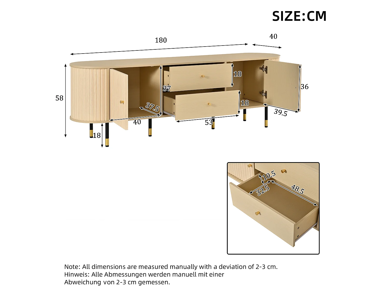 180 cm hoher TV-Ständer mit 2 Schubladen und 2 Schiebetüren – Spanplatte, MDF und Metall – 180 x 40 x 58 cm – Naturholz