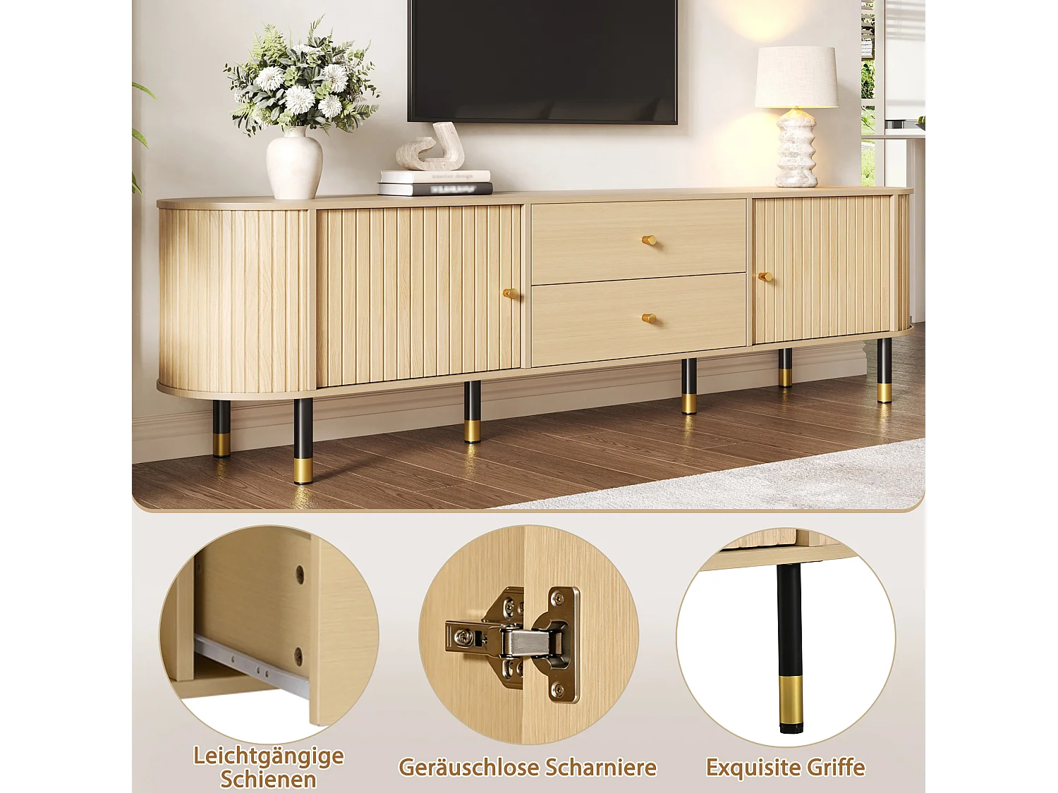 180 cm hoher TV-Ständer mit 2 Schubladen und 2 Schiebetüren – Spanplatte, MDF und Metall – 180 x 40 x 58 cm – Naturholz