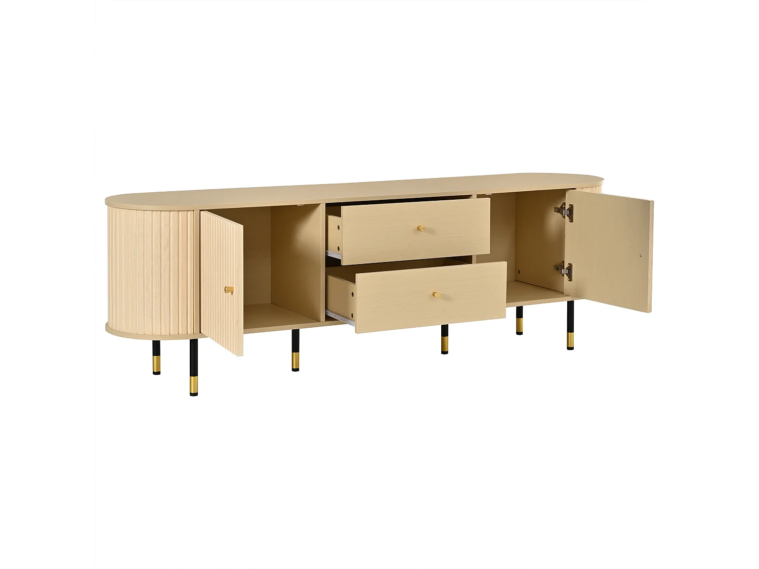 180 cm hoher TV-Ständer mit 2 Schubladen und 2 Schiebetüren – Spanplatte, MDF und Metall – 180 x 40 x 58 cm – Naturholz