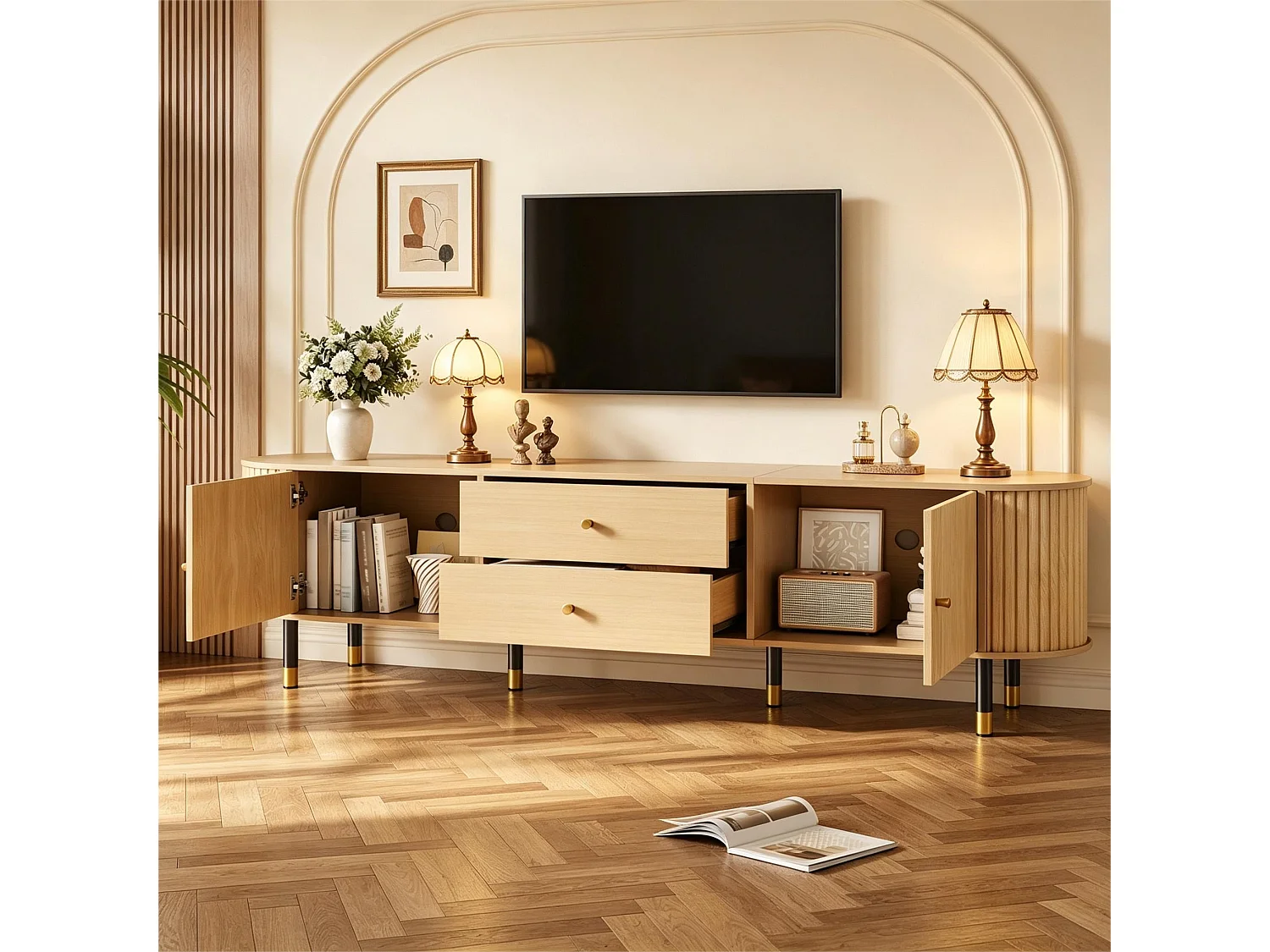 180 cm hoher TV-Ständer mit 2 Schubladen und 2 Schiebetüren – Spanplatte, MDF und Metall – 180 x 40 x 58 cm – Naturholz