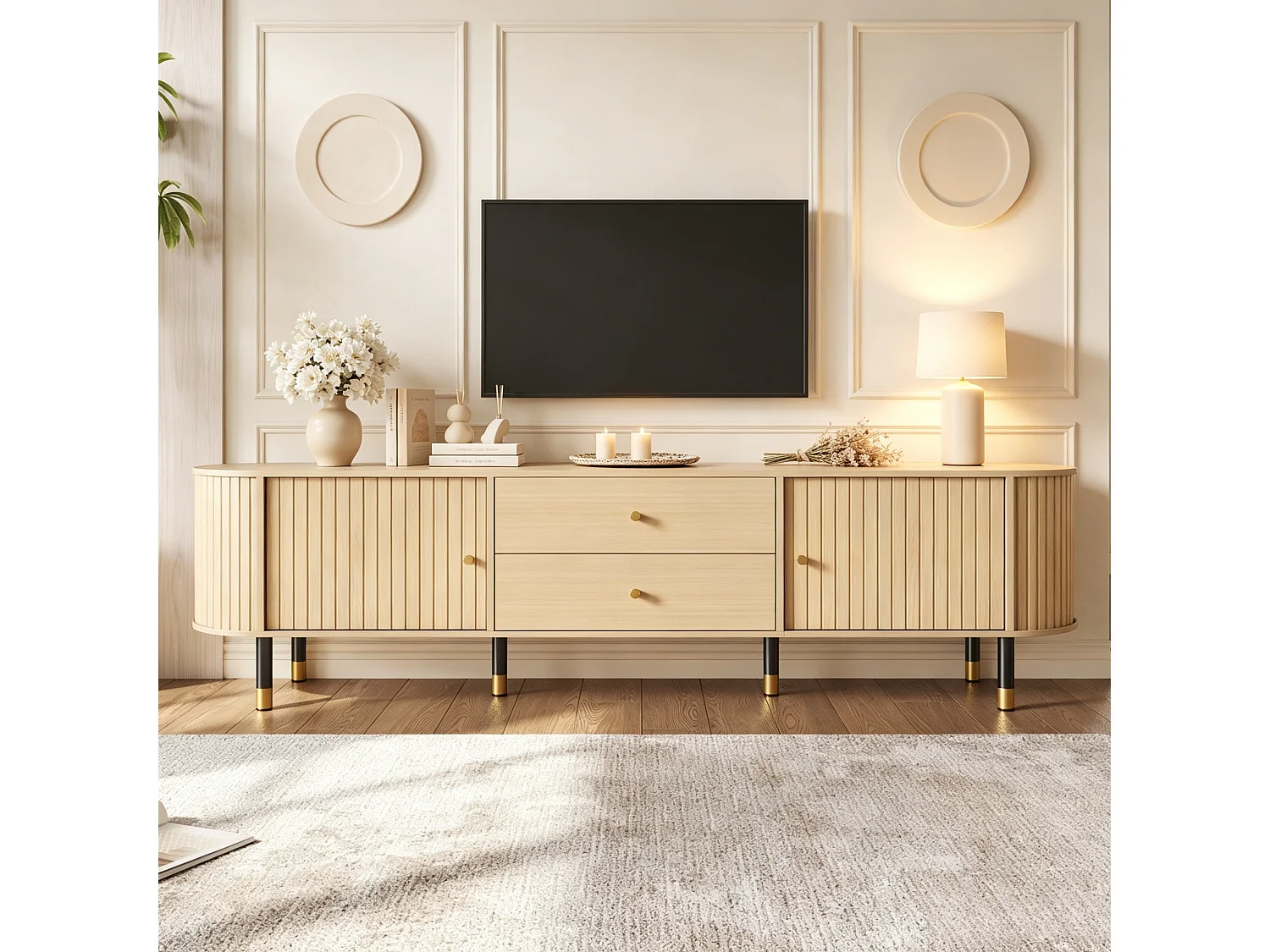 180 cm hoher TV-Ständer mit 2 Schubladen und 2 Schiebetüren – Spanplatte, MDF und Metall – 180 x 40 x 58 cm – Naturholz