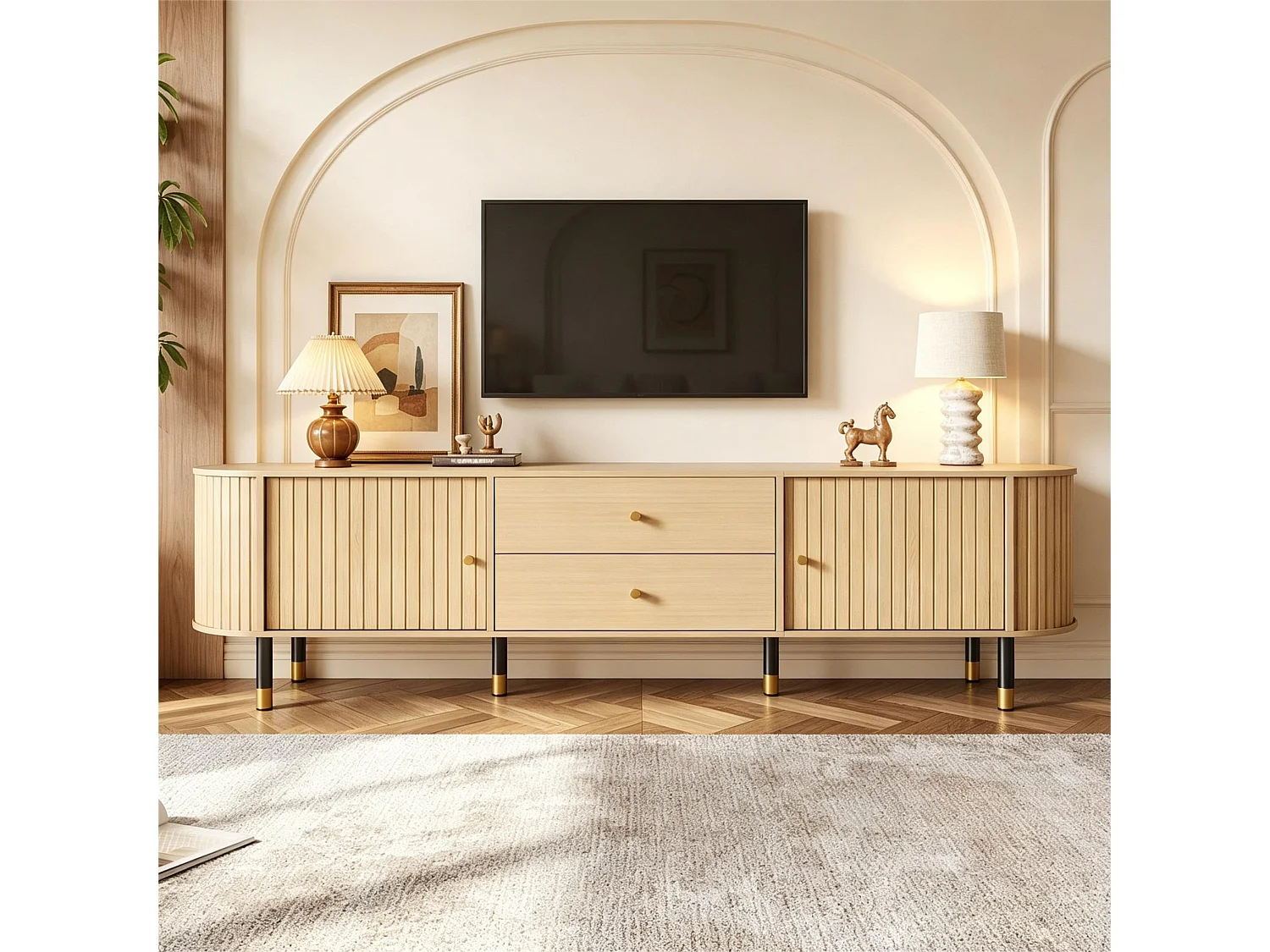 180 cm hoher TV-Ständer mit 2 Schubladen und 2 Schiebetüren – Spanplatte, MDF und Metall – 180 x 40 x 58 cm – Naturholz