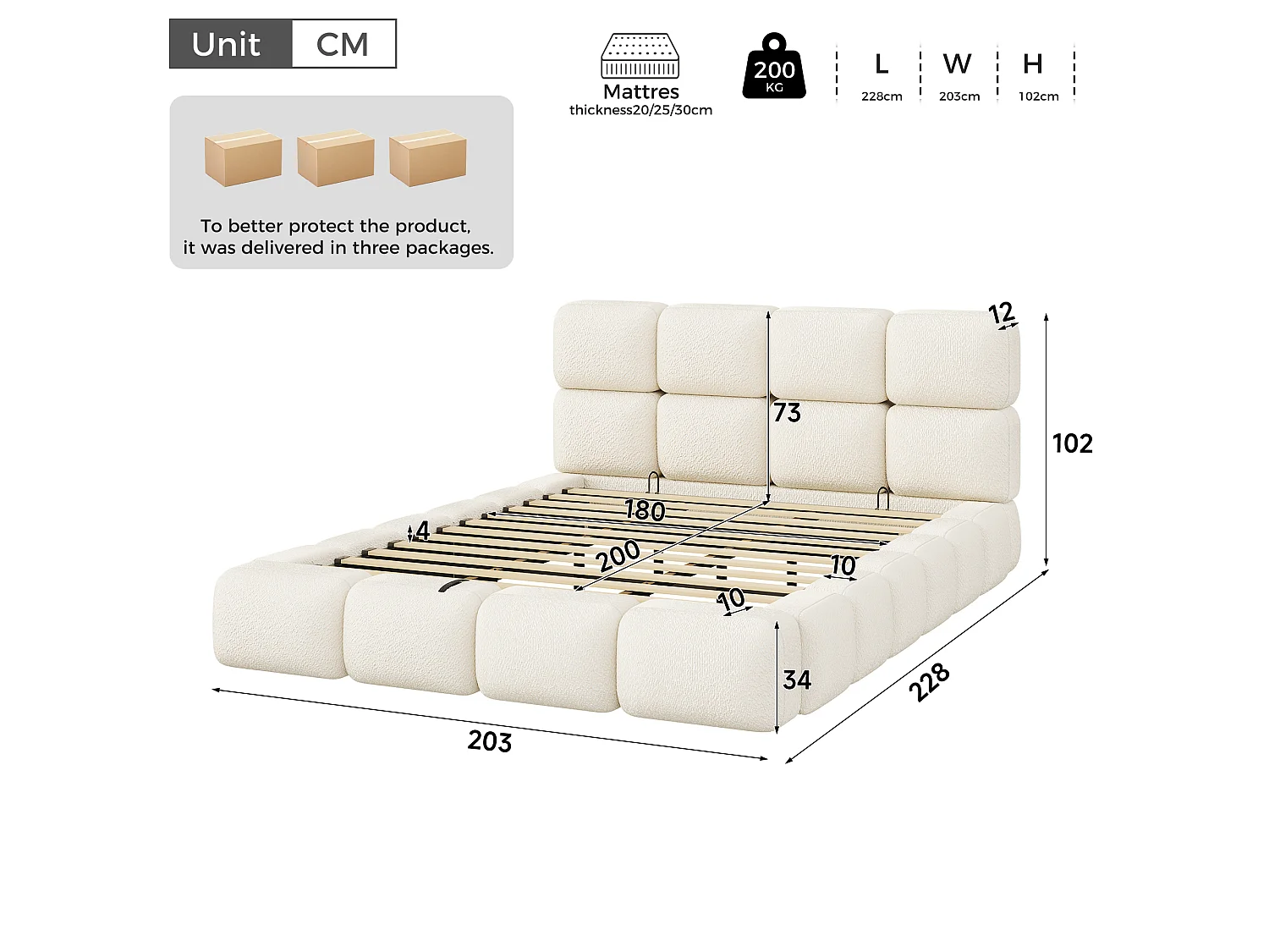 Bedbox gestoffeerd 180x200 cm - Hoofdbord gestoffeerd - Grote opbergruimte - Boucléstof - Wit (Matras niet inbegrepen)