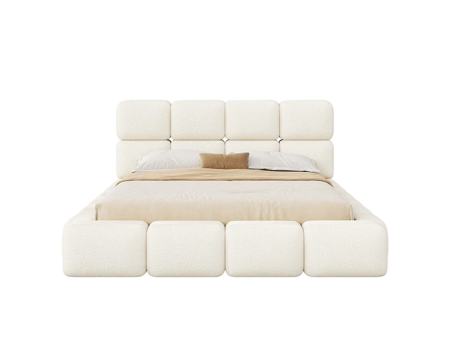 Bedbox gestoffeerd 180x200 cm - Hoofdbord gestoffeerd - Grote opbergruimte - Boucléstof - Wit (Matras niet inbegrepen)