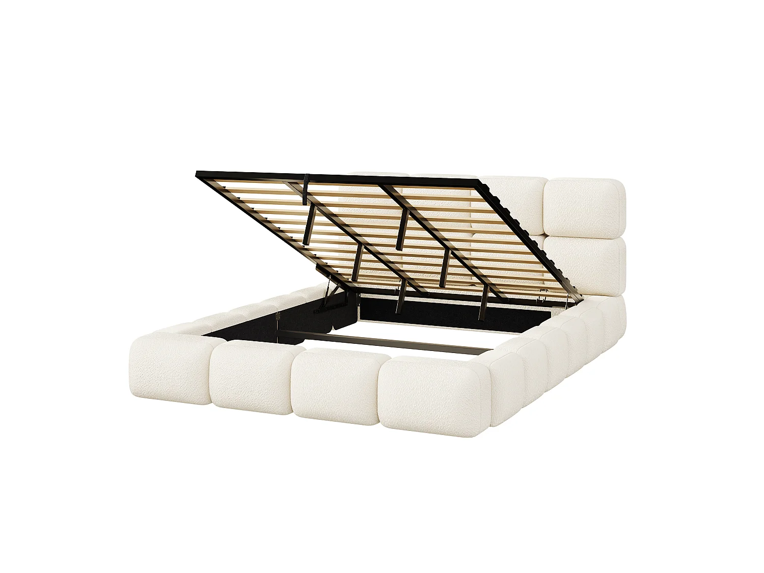 Bedbox gestoffeerd 180x200 cm - Hoofdbord gestoffeerd - Grote opbergruimte - Boucléstof - Wit (Matras niet inbegrepen)
