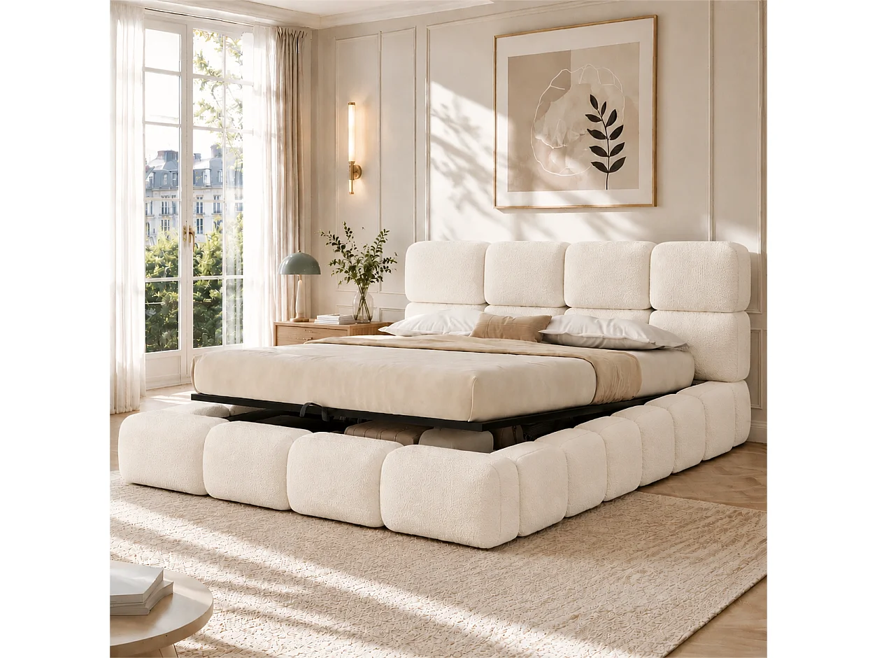 Bedbox gestoffeerd 180x200 cm - Hoofdbord gestoffeerd - Grote opbergruimte - Boucléstof - Wit (Matras niet inbegrepen)