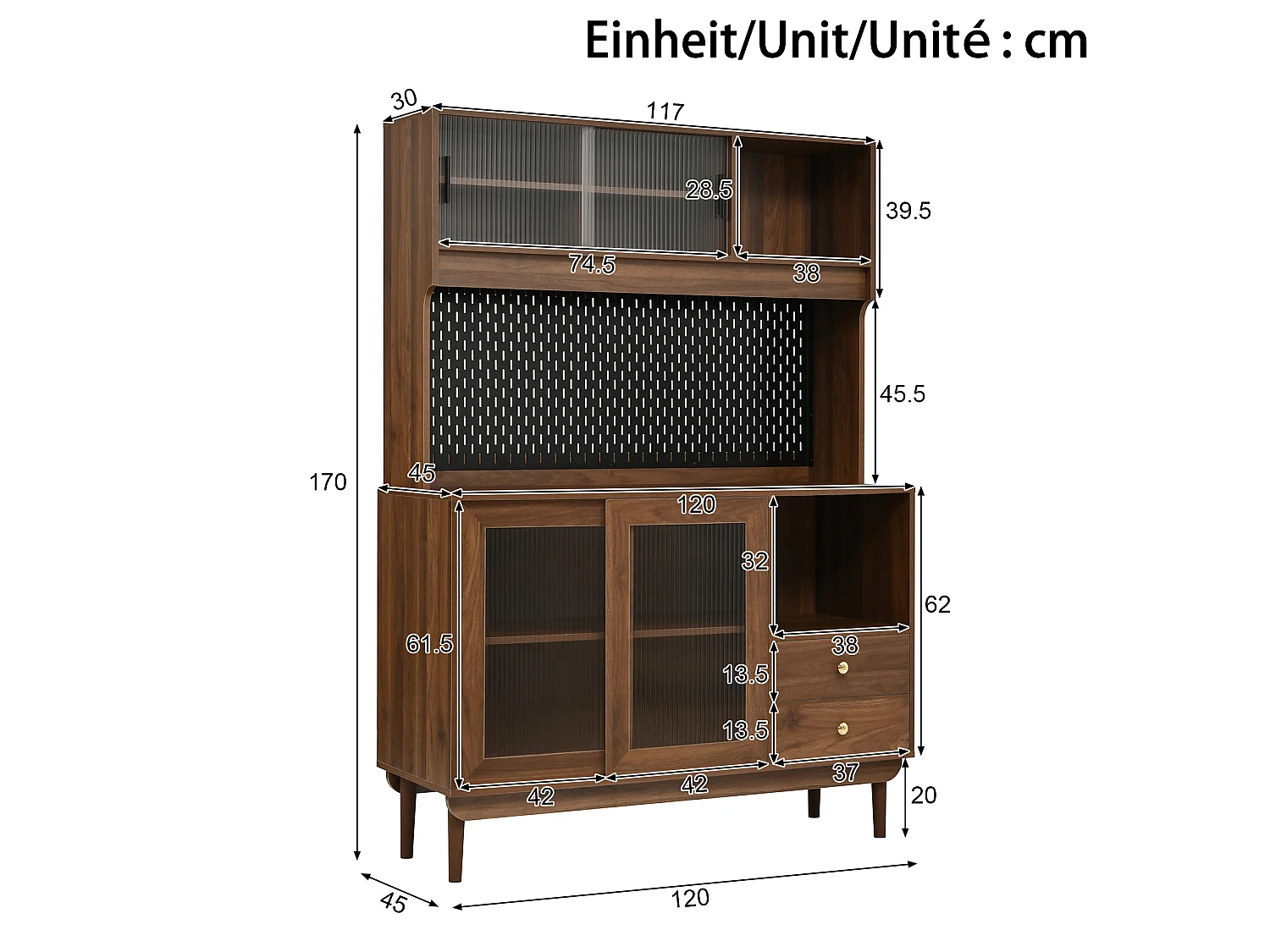 Buffet de cuisine 117x30x170 cm - 4 portes coulissantes en verre et 2 tiroirs - Panneau arrière perforé - Pieds en pin - Marron