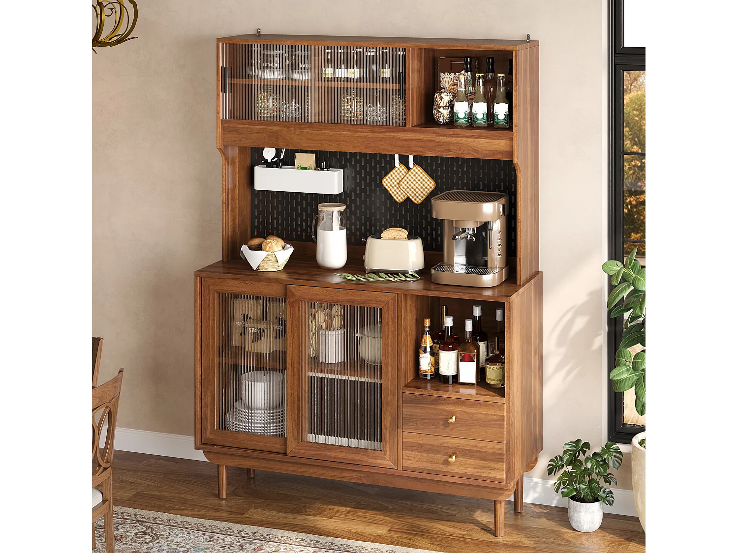 Buffet de cuisine 117x30x170 cm - 4 portes coulissantes en verre et 2 tiroirs - Panneau arrière perforé - Pieds en pin - Marron