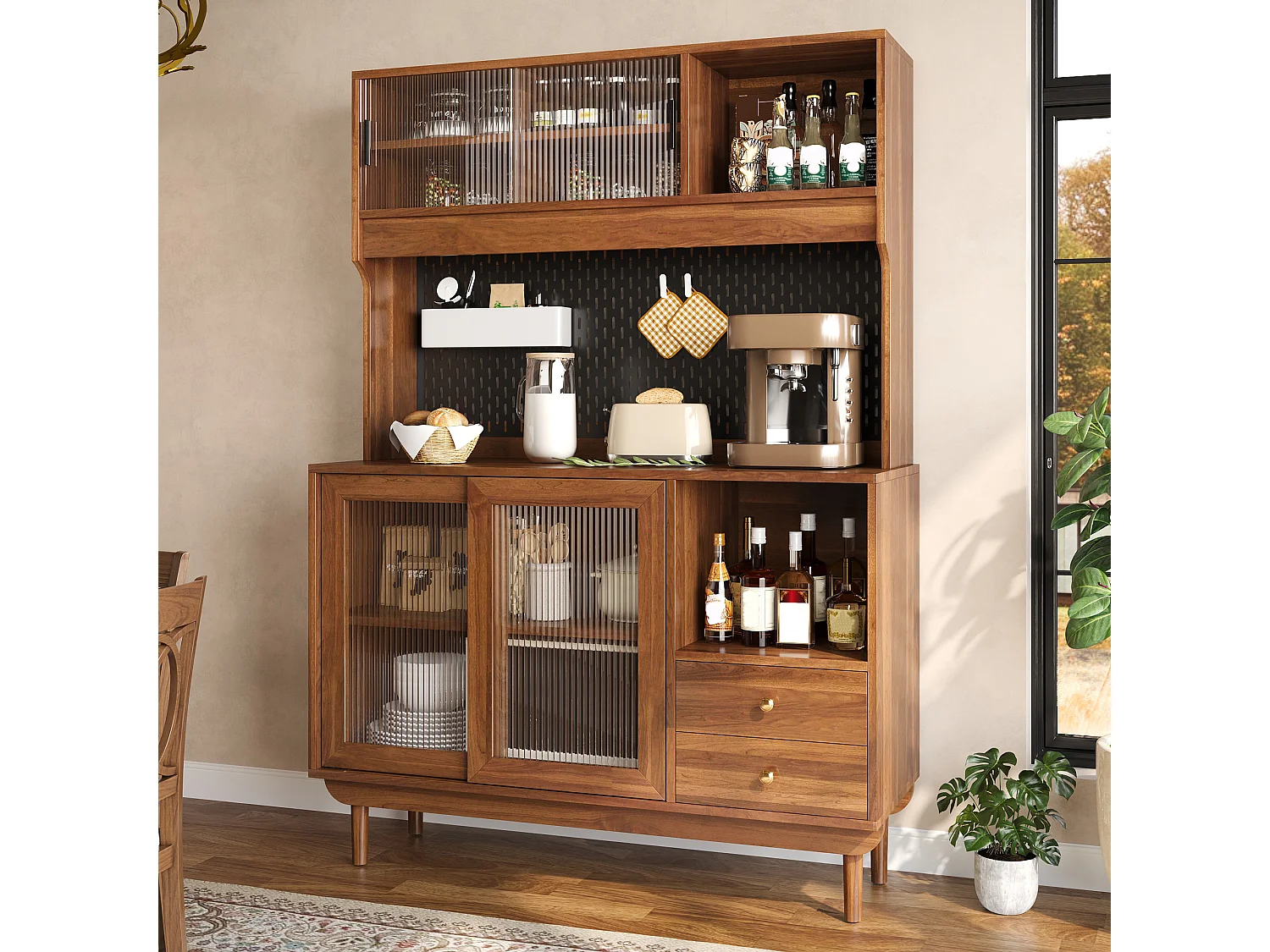 Buffet de cuisine 117x30x170 cm - 4 portes coulissantes en verre et 2 tiroirs - Panneau arrière perforé - Pieds en pin - Marron