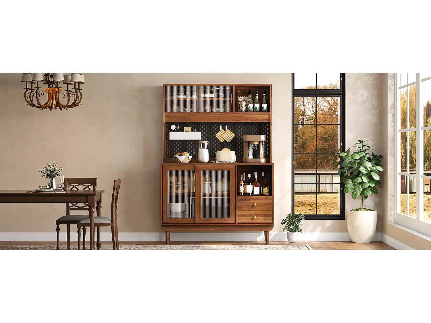 Buffet de cuisine 117x30x170 cm - 4 portes coulissantes en verre et 2 tiroirs - Panneau arrière perforé - Pieds en pin - Marron