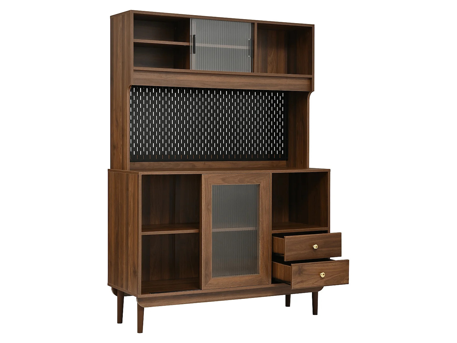 Buffet de cuisine 117x30x170 cm - 4 portes coulissantes en verre et 2 tiroirs - Panneau arrière perforé - Pieds en pin - Marron