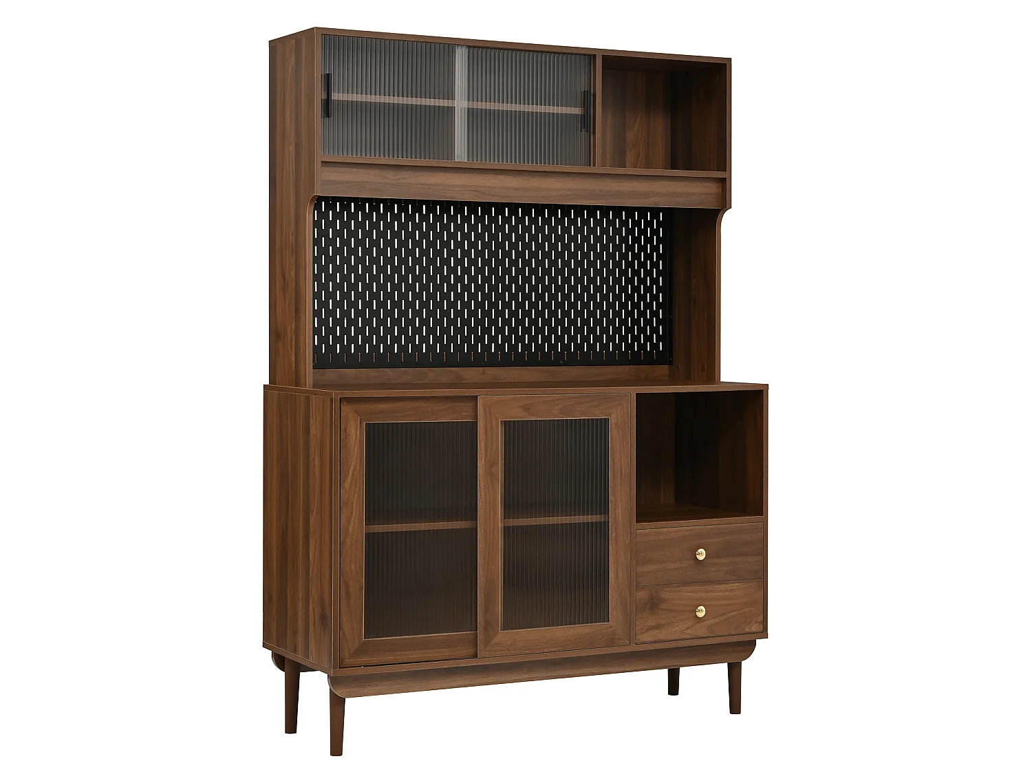 Buffet de cuisine 117x30x170 cm - 4 portes coulissantes en verre et 2 tiroirs - Panneau arrière perforé - Pieds en pin - Marron