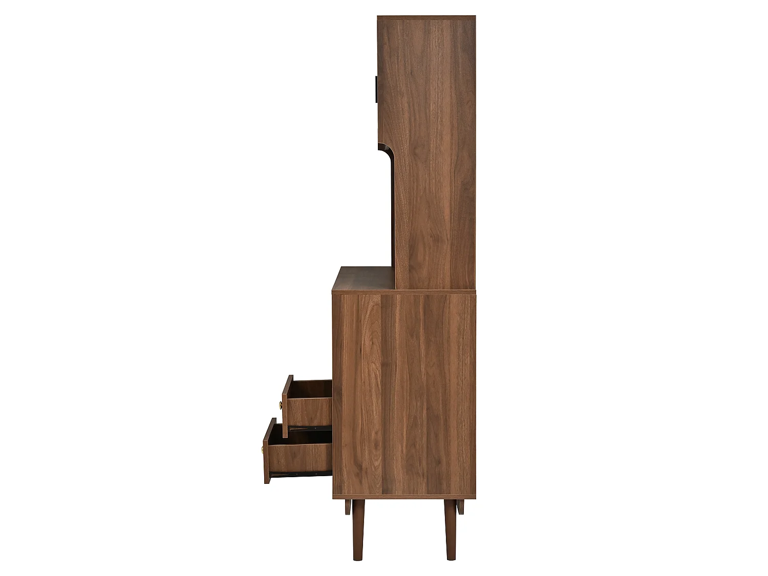 Buffet de cuisine 117x30x170 cm - 4 portes coulissantes en verre et 2 tiroirs - Panneau arrière perforé - Pieds en pin - Marron