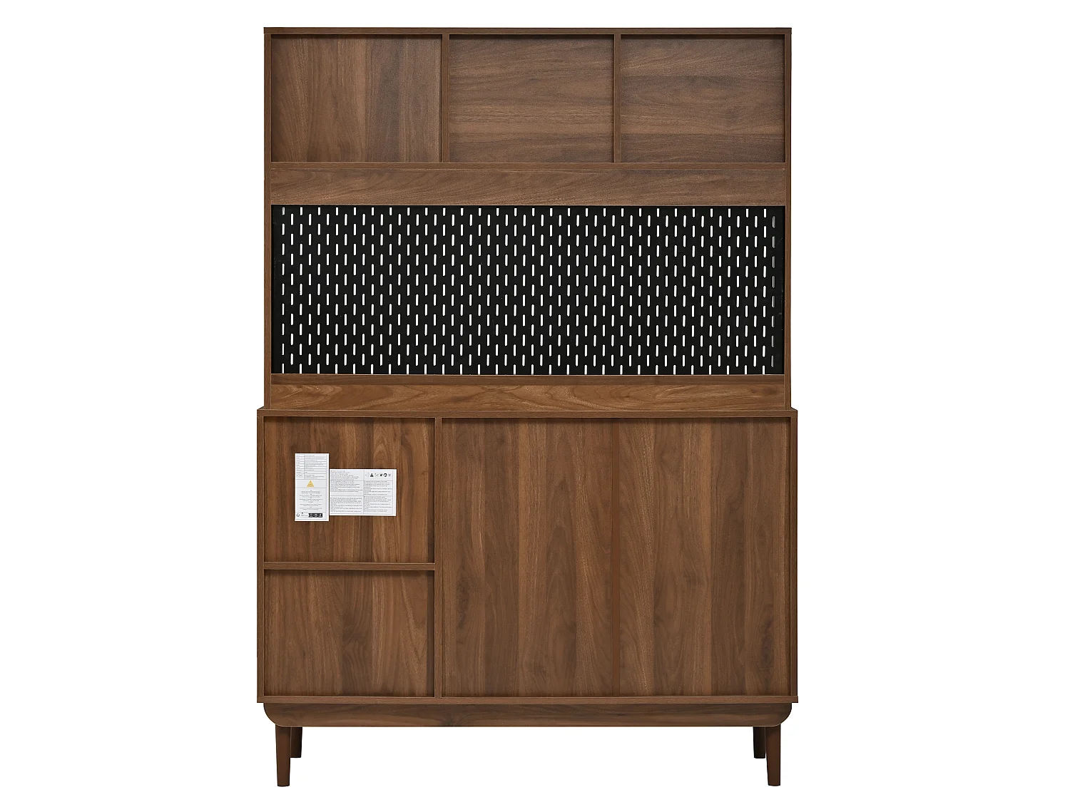 Buffet de cuisine 117x30x170 cm - 4 portes coulissantes en verre et 2 tiroirs - Panneau arrière perforé - Pieds en pin - Marron