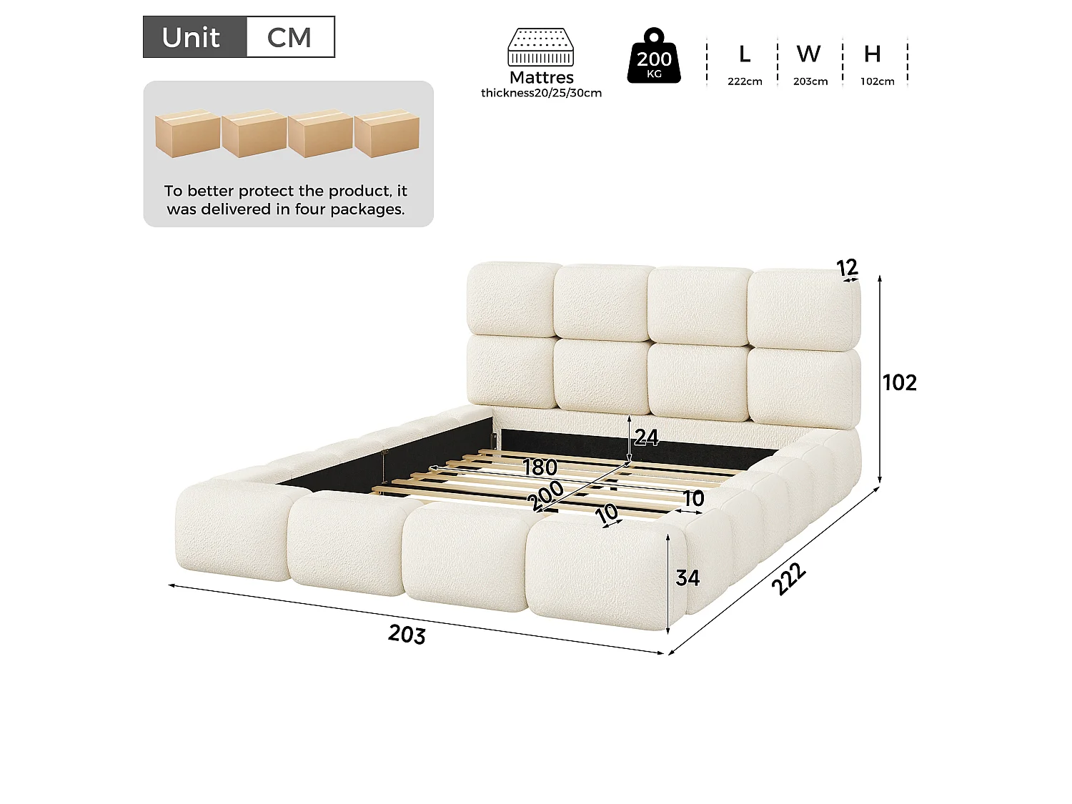 Dubbel bed met capitonneerde bekleding 180 x 200 cm - Wolkbed - Lattenbodem en capitonneerd hoofdeinde - Boucléstof - Wit (Matras niet inbegrepen)