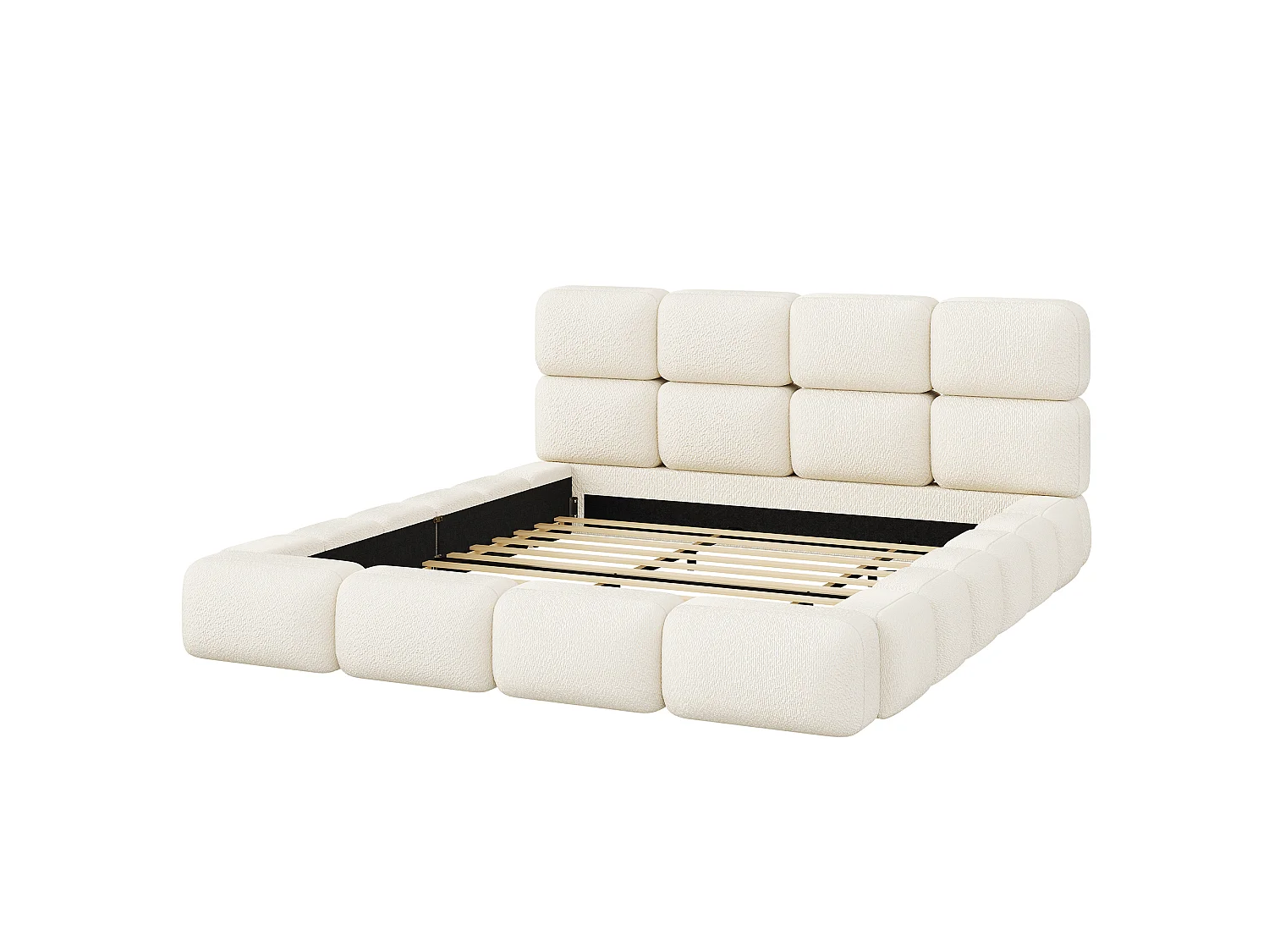 Dubbel bed met capitonneerde bekleding 180 x 200 cm - Wolkbed - Lattenbodem en capitonneerd hoofdeinde - Boucléstof - Wit (Matras niet inbegrepen)