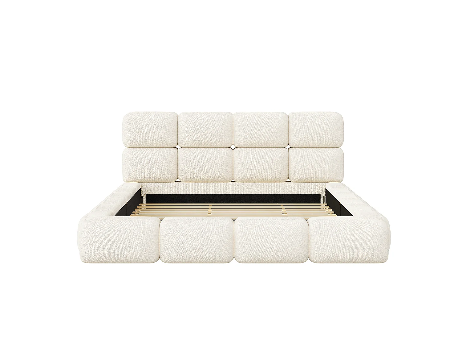 Dubbel bed met capitonneerde bekleding 180 x 200 cm - Wolkbed - Lattenbodem en capitonneerd hoofdeinde - Boucléstof - Wit (Matras niet inbegrepen)