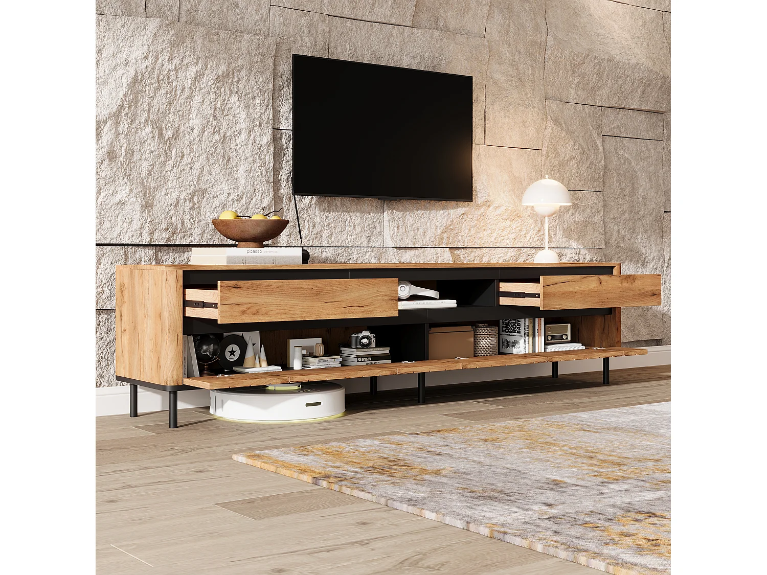 180 cm hoher TV-Ständer für Fernseher bis 75 Zoll – 2 Schubladen, 3 Türen und Kabelmanagement – MDF und Metall – Naturholz und Schwarz