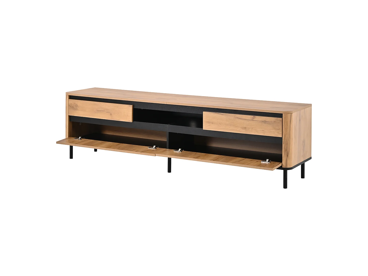 180 cm hoher TV-Ständer für Fernseher bis 75 Zoll – 2 Schubladen, 3 Türen und Kabelmanagement – MDF und Metall – Naturholz und Schwarz