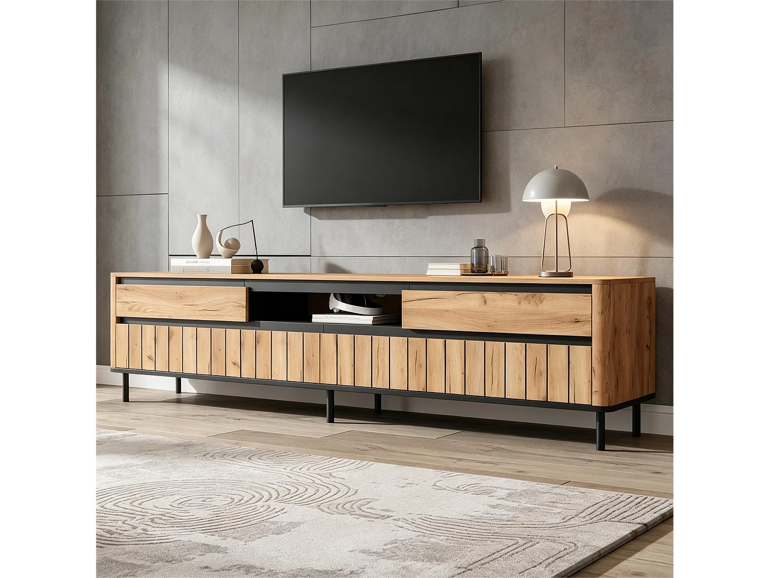 180 cm hoher TV-Ständer für Fernseher bis 75 Zoll – 2 Schubladen, 3 Türen und Kabelmanagement – MDF und Metall – Naturholz und Schwarz