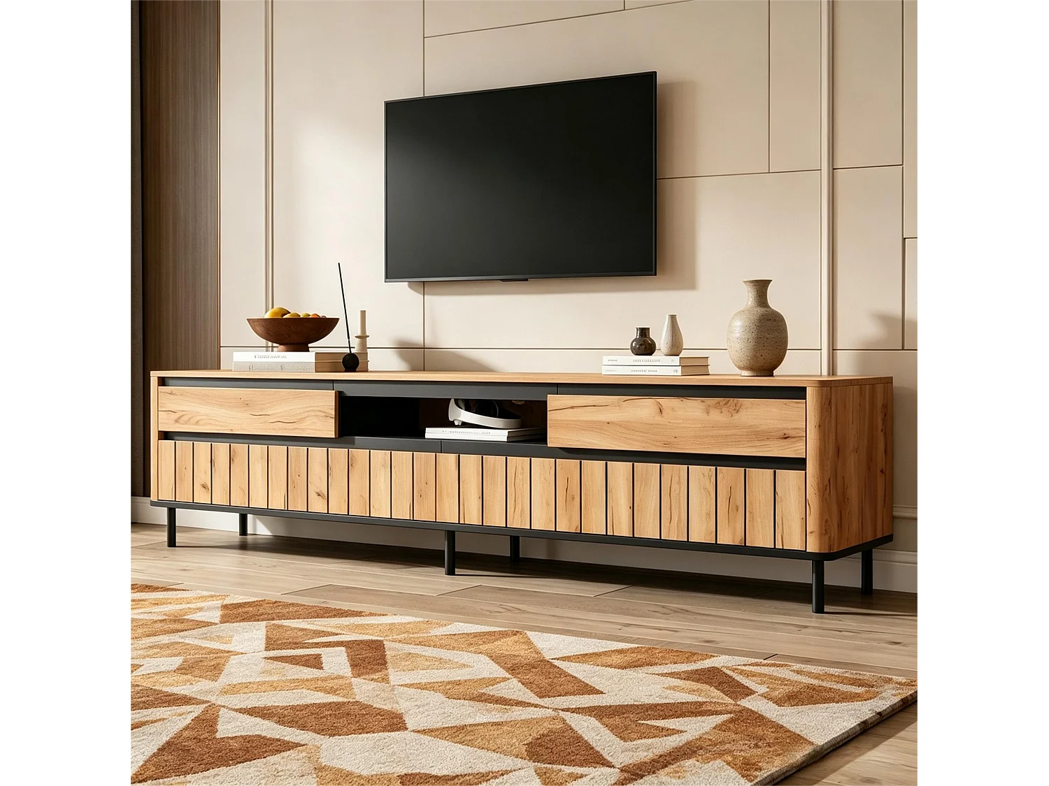 180 cm hoher TV-Ständer für Fernseher bis 75 Zoll – 2 Schubladen, 3 Türen und Kabelmanagement – MDF und Metall – Naturholz und Schwarz