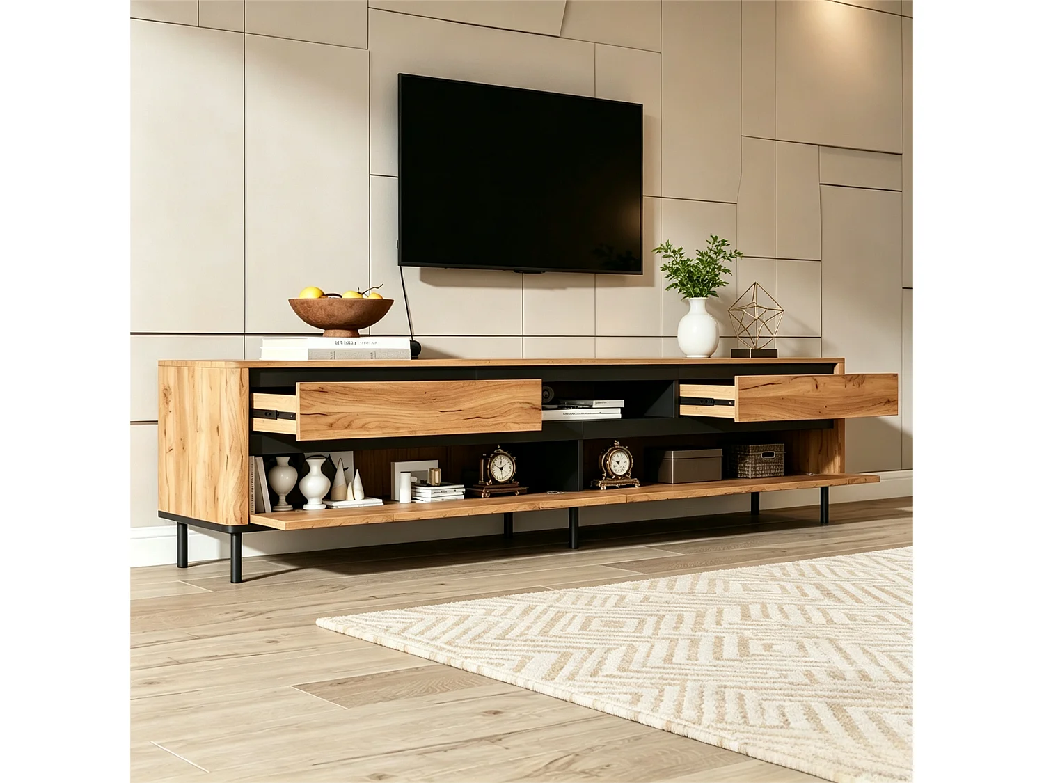180 cm hoher TV-Ständer für Fernseher bis 75 Zoll – 2 Schubladen, 3 Türen und Kabelmanagement – MDF und Metall – Naturholz und Schwarz
