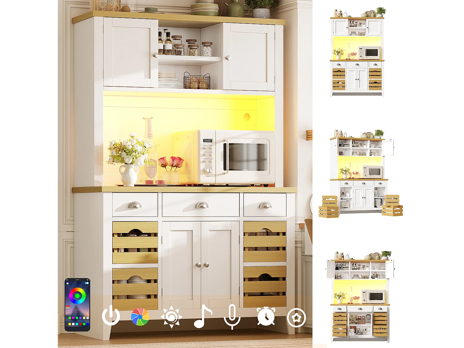 Opbergmeubel Hoog 120cm - Keukenbuffet LED RGB met Werkblad Houtlook & Manden, Moderne Stijl - Wit