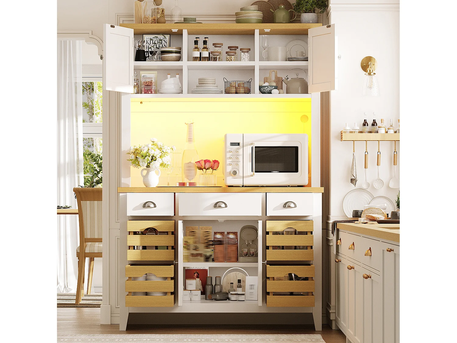 Opbergmeubel Hoog 120cm - Keukenbuffet LED RGB met Werkblad Houtlook & Manden, Moderne Stijl - Wit
