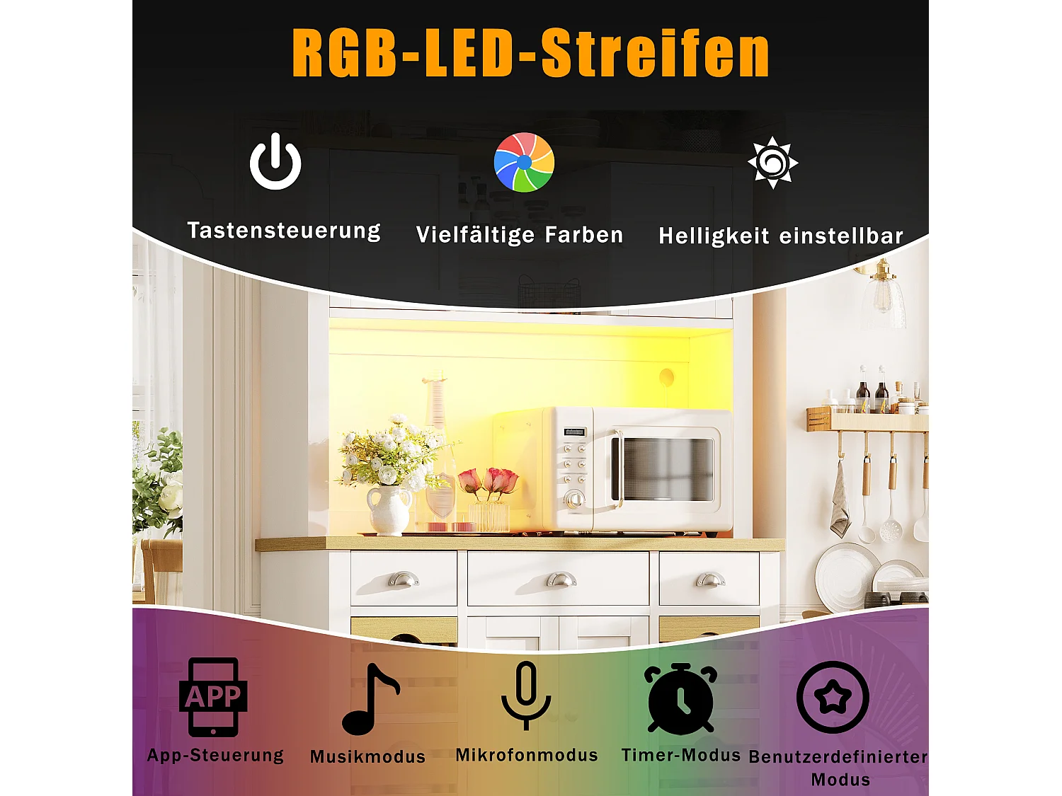 Opbergmeubel Hoog 120cm - Keukenbuffet LED RGB met Werkblad Houtlook & Manden, Moderne Stijl - Wit