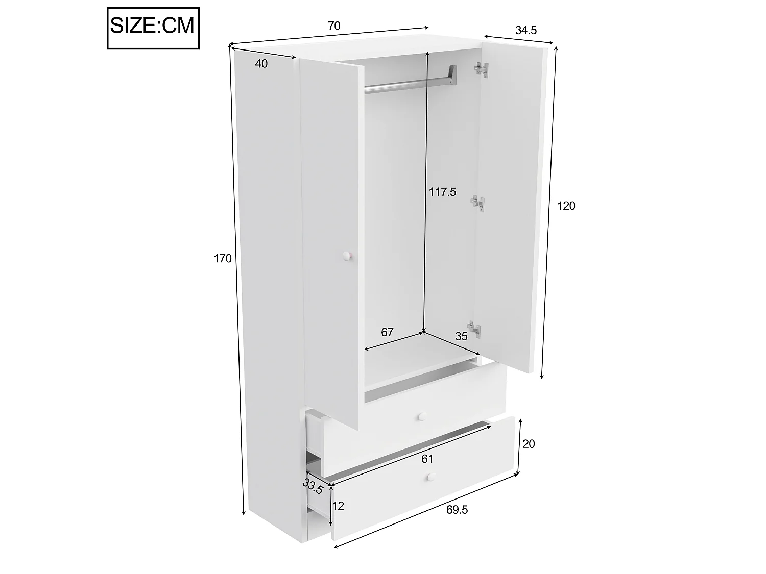 Skåp med en dörr 70 × 40 × 170 cm - med 2 lådor - vit
