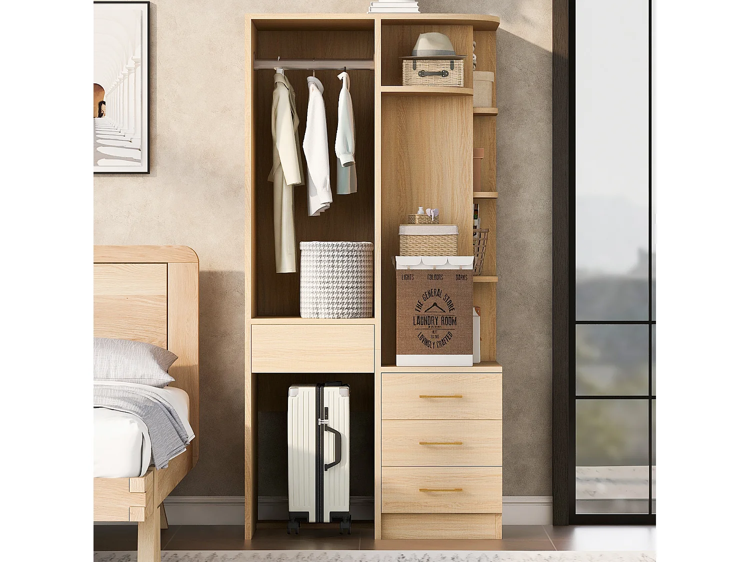 Schrank 70 × 55 × 175 cm - mit 3 Schubladen - mit Aufbewahrungsfächern - natur