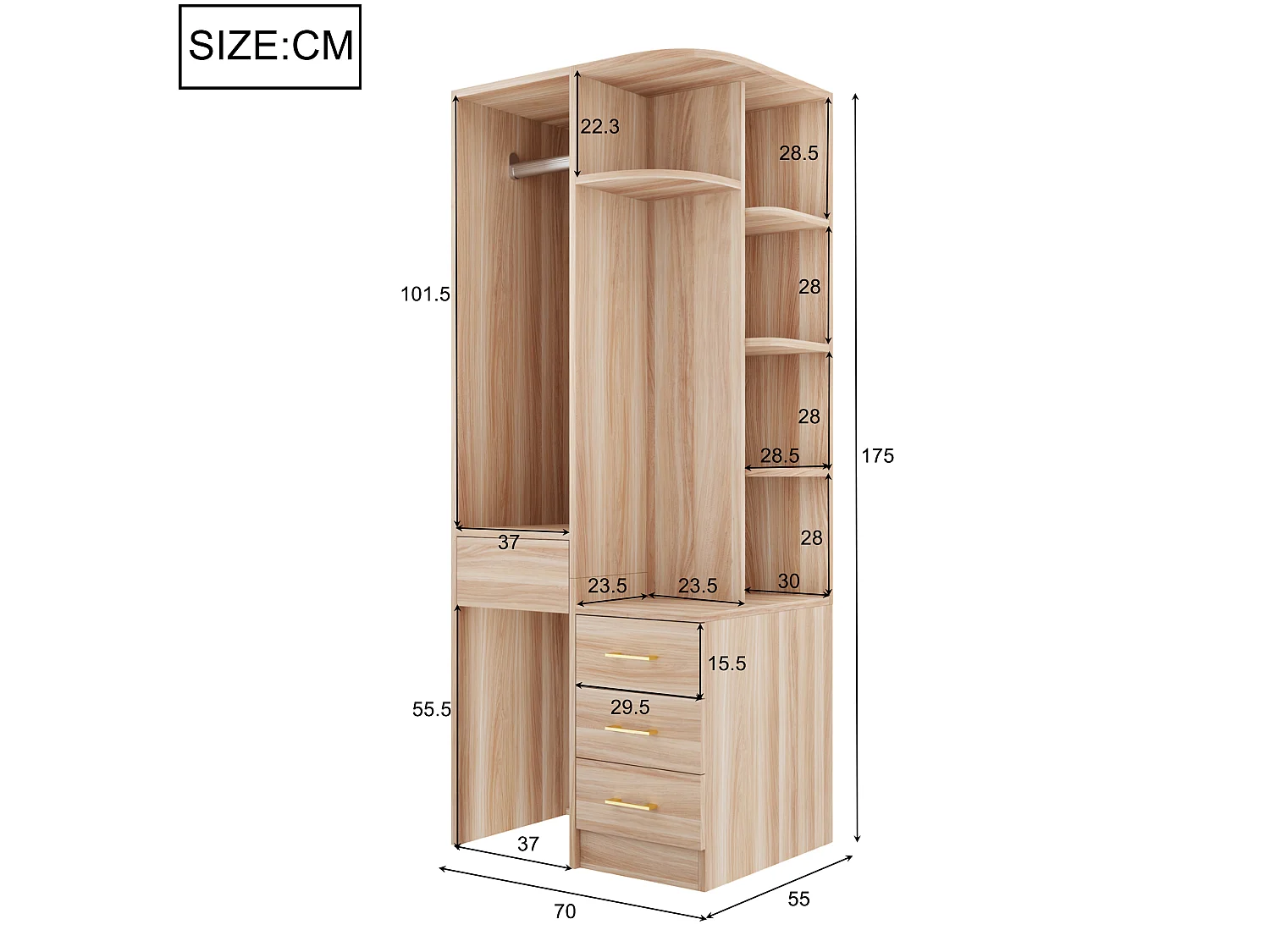 Schrank 70 × 55 × 175 cm - mit 3 Schubladen - mit Aufbewahrungsfächern - natur