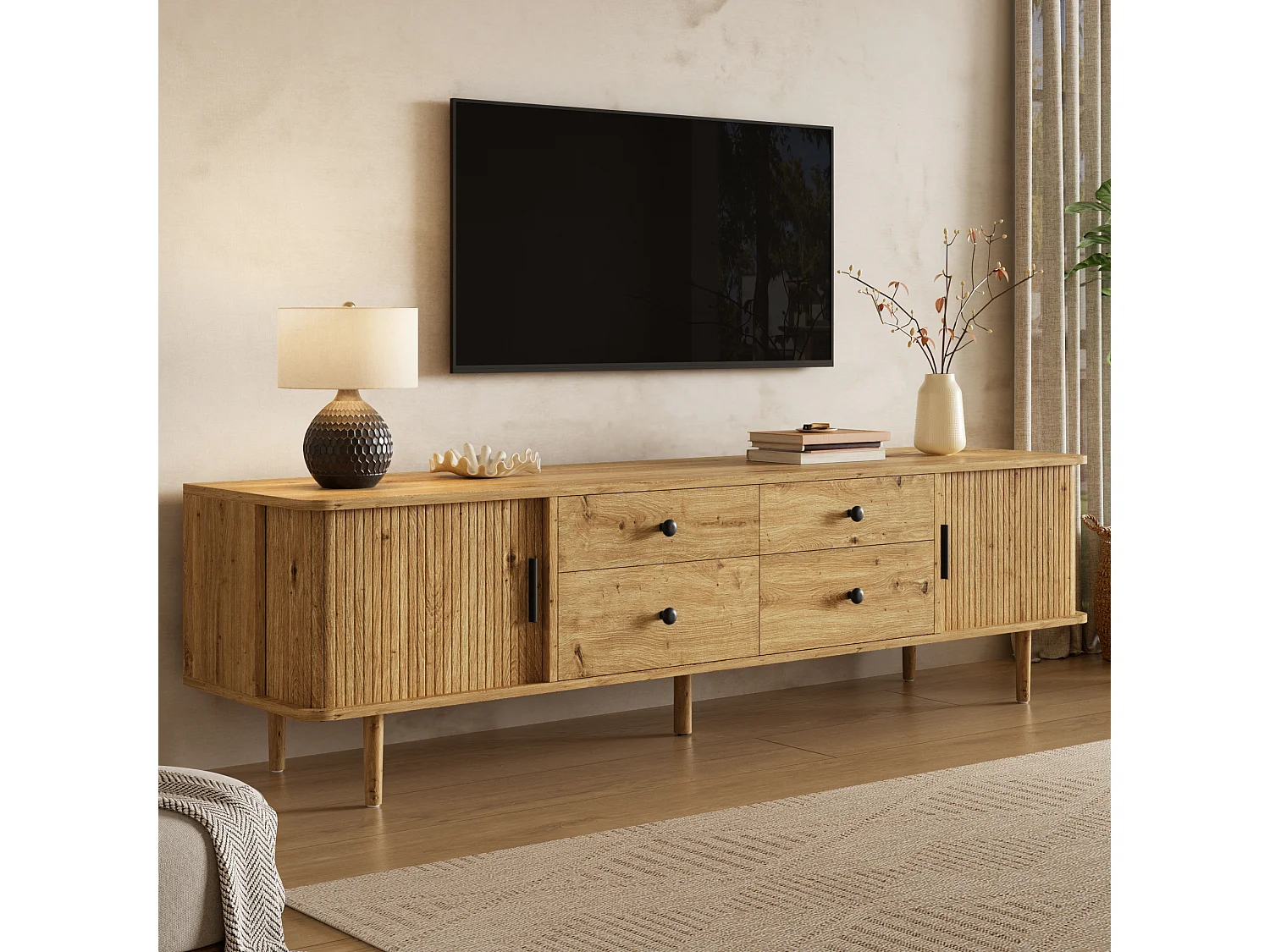 Mueble TV Bajo 165cm - Banco TV de Salón con 4 Cajones y 2 Puertas Corredizas, Patas Macizas, Estilo Moderno - Marrón