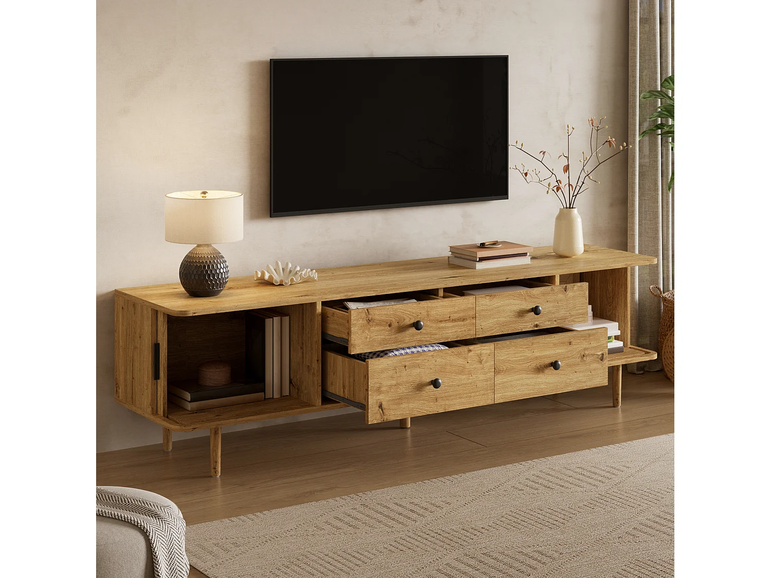Mueble TV Bajo 165cm - Banco TV de Salón con 4 Cajones y 2 Puertas Corredizas, Patas Macizas, Estilo Moderno - Marrón