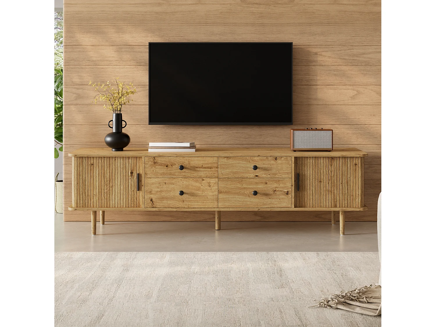 Mueble TV Bajo 165cm - Banco TV de Salón con 4 Cajones y 2 Puertas Corredizas, Patas Macizas, Estilo Moderno - Marrón