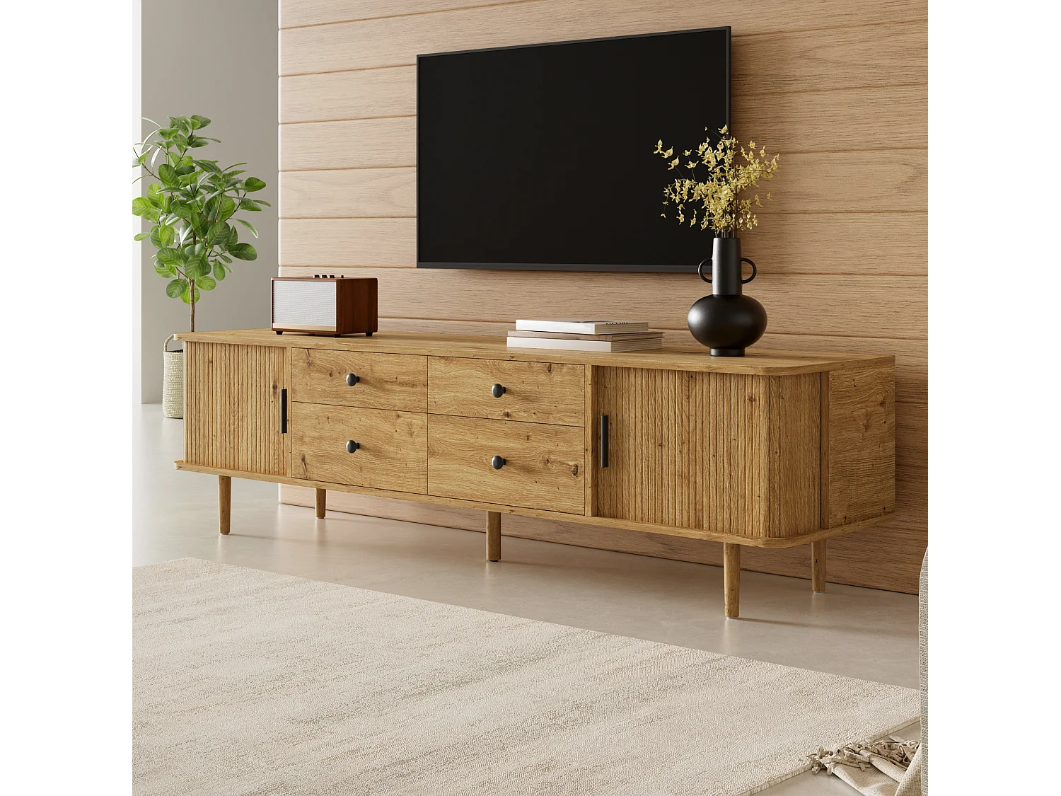 Mueble TV Bajo 165cm - Banco TV de Salón con 4 Cajones y 2 Puertas Corredizas, Patas Macizas, Estilo Moderno - Marrón
